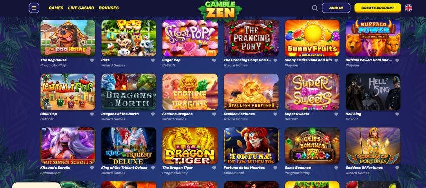 Gamblezen casino slot page showing thumbnails of different slot games you can play at the gaming hub