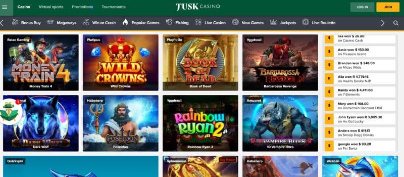 The gaming page for Tusk Casino features several exciting games like Money Train 4 and Wild Crowns.