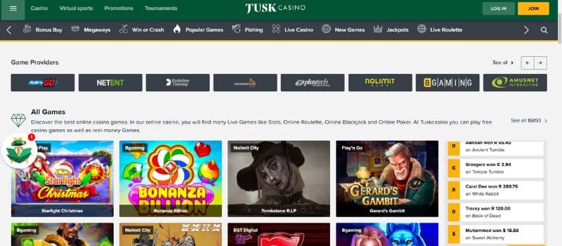 The landing page for Tusk Casino where you can log in and play casino games.