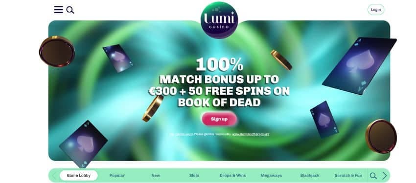 Lumi casino welcome page with a banner showing the 100% welcome bonus of up to €300.