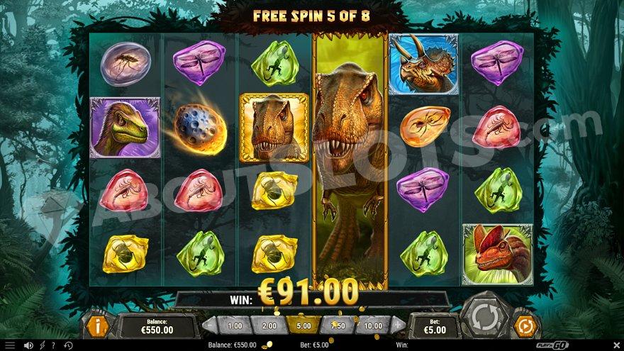 A stacked wild dinosaur on the fourth reel in the free spins.