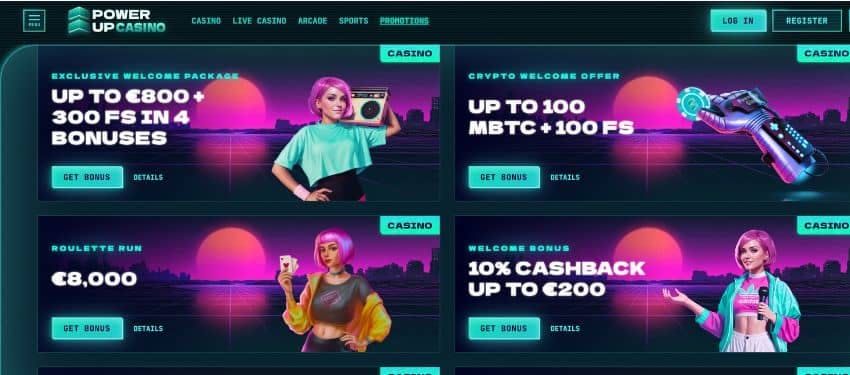 Powerup Casino promotions page showing different bonuses like cashback, welcome bonus and other