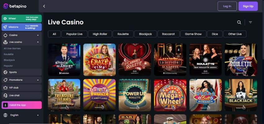 Betspino Casino’s live games category displaying variations of roulette, blackjack, and other games.