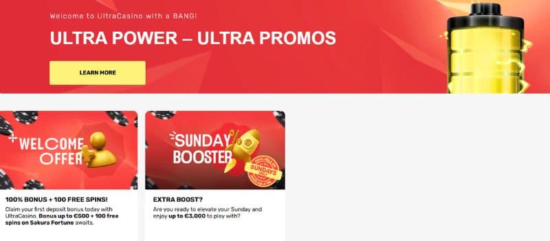 The promotion page at Ultra Bet offers nice rewards, such as a welcome offer of 100% Bonus and 100 free spins.