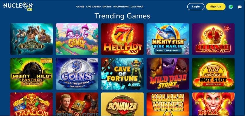 Nucleon Bet Casino's trending games, showing titles such as Viking Runecraft, Hell Hot 100, and other games.