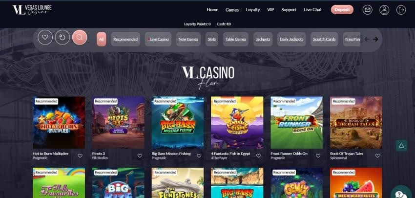 Vegas Lounge Casino's slot games category, showing titles such as Front Runner and other exciting games.