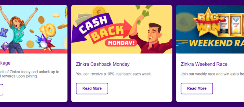 Bonuses offered at Zinkra Casino: Welcome bonus, cashback Monday, and more.