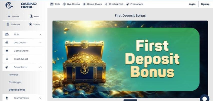 Casino Orca's homepage, showing the welcome bonus banner and a reel featured tournaments.