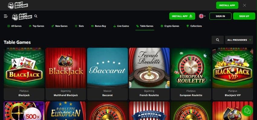 Billy Billion Casino's table games section, showing variations of blackjack and roulette.