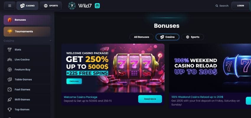 wild7 casino promotion page showing the 250% welcome and 100% weekend reload bonus offer.