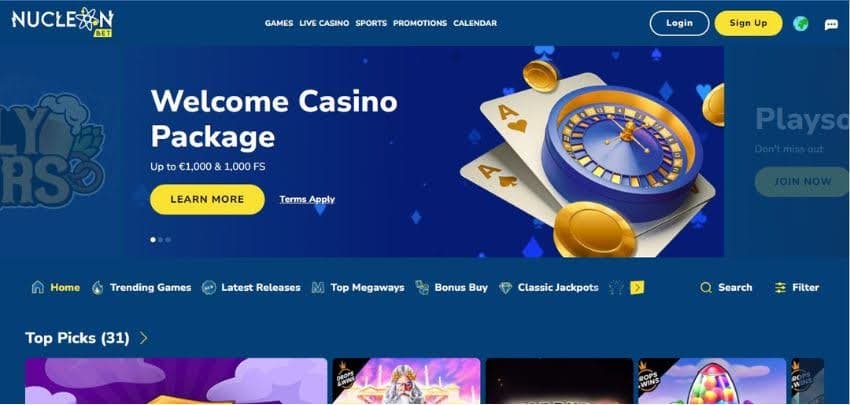 Nucleon Bet Casino's homepage, showing the welcome bonus banner flanked by a roulette wheel.