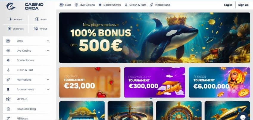 Casino Orca's promotions page showing the first deposit bonus.