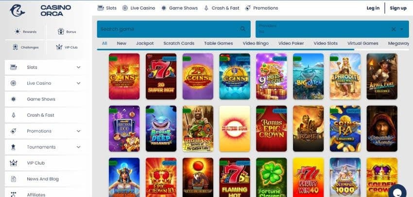 Casino Orca's slot games category, showing titles such as Aphrodite Goes Wild and other exciting games.