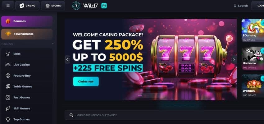 wild7 Casino homepage showing a promotional banner design with the 250% welcome bonus plus 225 free spins.