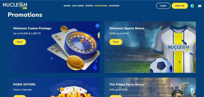 Nucleon Bet Casino's promotions page, showing the welcome bonus worth up to €1,000 plus 1,000 free spins.