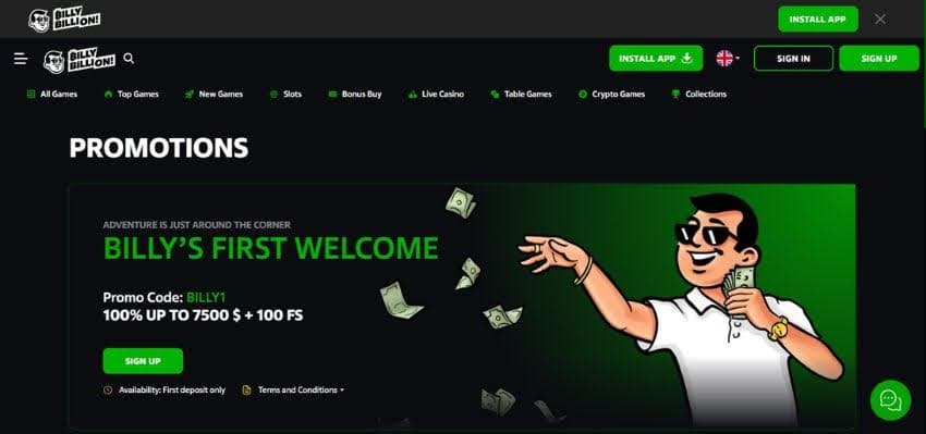 Billy Billion Casino's promotions page, showing the welcome bonus worth €7,500