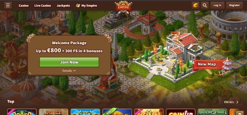 MyEmpire Casino's homepage, showing the welcome bonus banner.