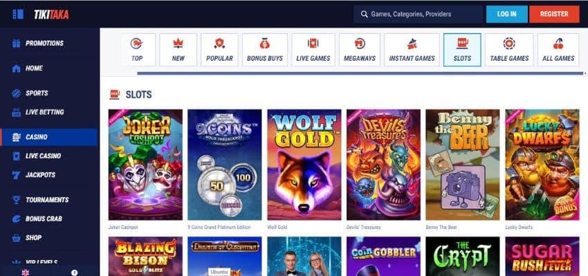 Tikitaka Casino's slot games category, showing titles such as Joker Cashpot, Wolf Gold, and other premium games.