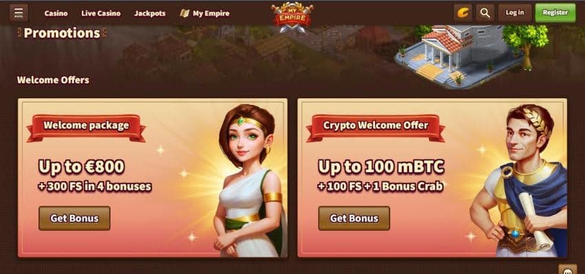 MyEmpire Casino's promotions page, showing the welcome bonus and the crypto welcome bonus.