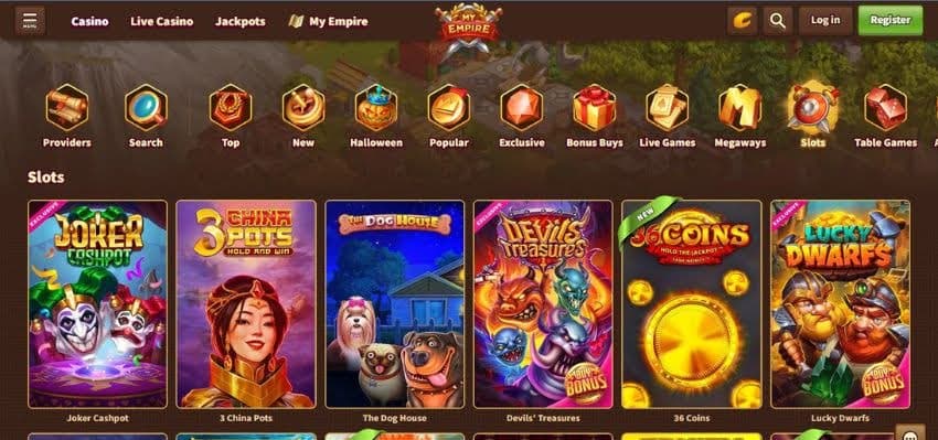 MyEmpire Casino's slot games category, showing titles such as Lucky Dwarfs and other games.