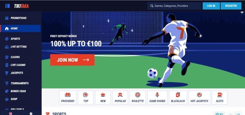 Tikitaka Casino's homepage, showing the welcome bonus worth up to €100 and the game categories.