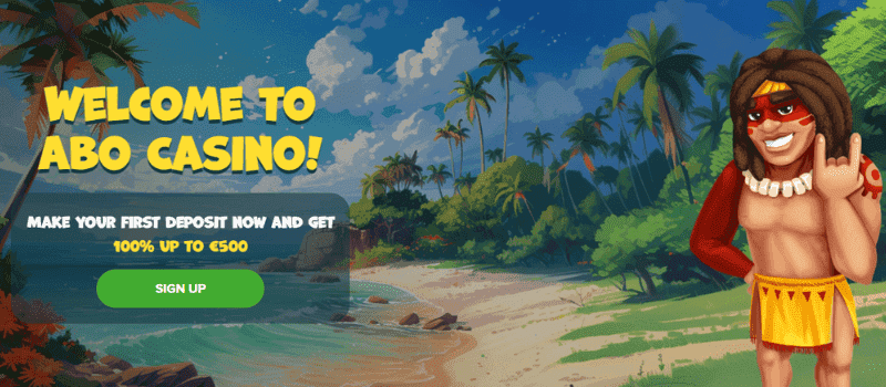 Welcome banner for Abo Casino with a tropical design