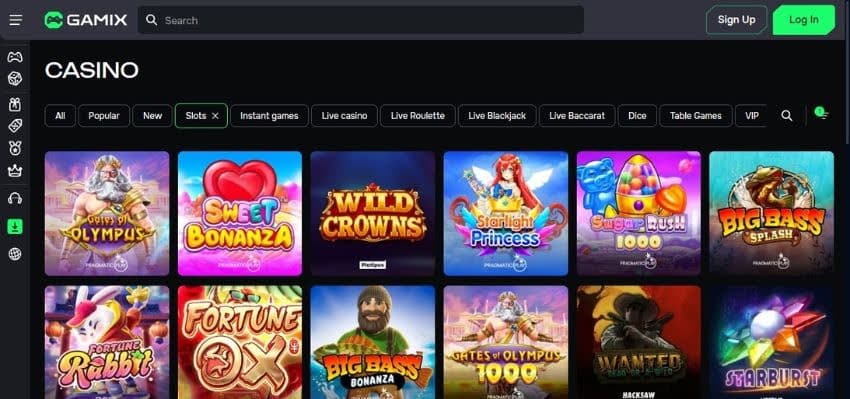 Gamix Casino's slot games category, showing premium titles like Gates of Olympus, Sweet Bonanza, and other incredible games.