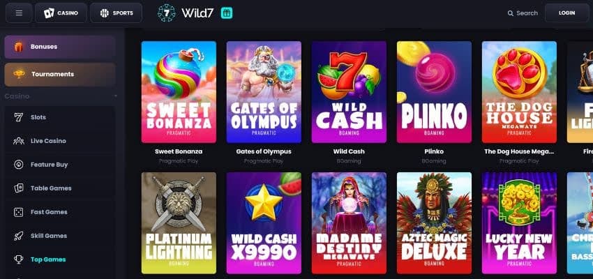 wild7 casino games section showing thumbnail of some titles and a sidebar menu features all categories 