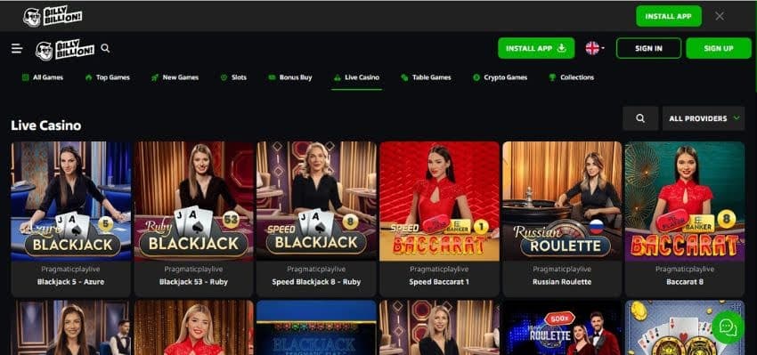 Billy Billion Casino's live games section, showing variations of blackjack, roulette, and baccarat.