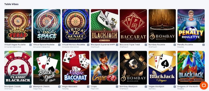 Some of the table games offered at CasinoVibes.