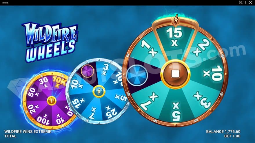 Three wheels with eight segments each containing cash values and level-up symbols.