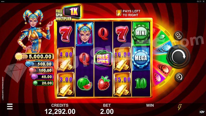 A five reel casino slot with a Joker on the left hand side.