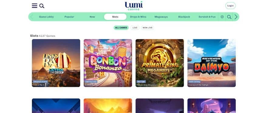 Lumi casino slot games category showing some thumbnails of titles you can play.