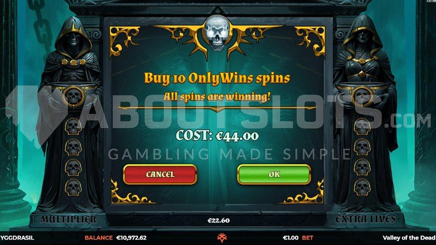 A menu offering 10 spins with guaranteed wins for 44X the bet.