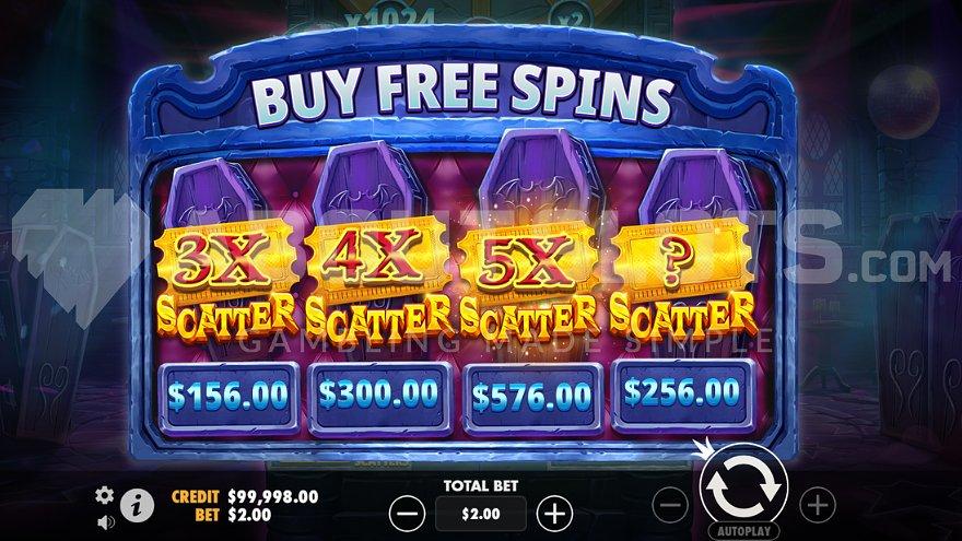 A screen offering the Free Spins in four different versions.