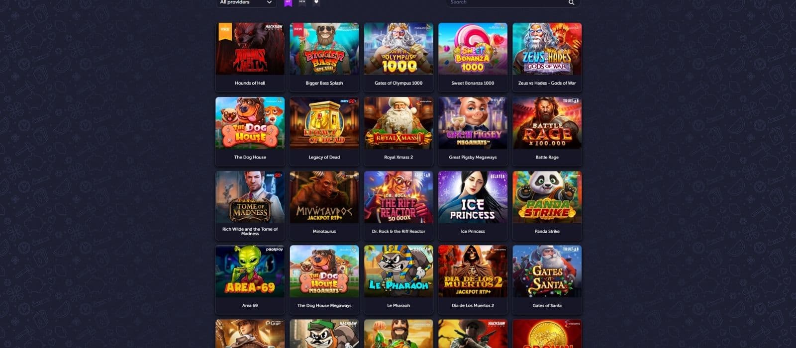 Vavada casino games page showing a selection of slots and casino games. 