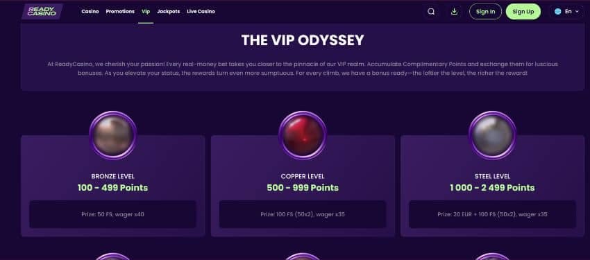 Animated thumbnail of the first three levels of the ReadyCasino VIP program.