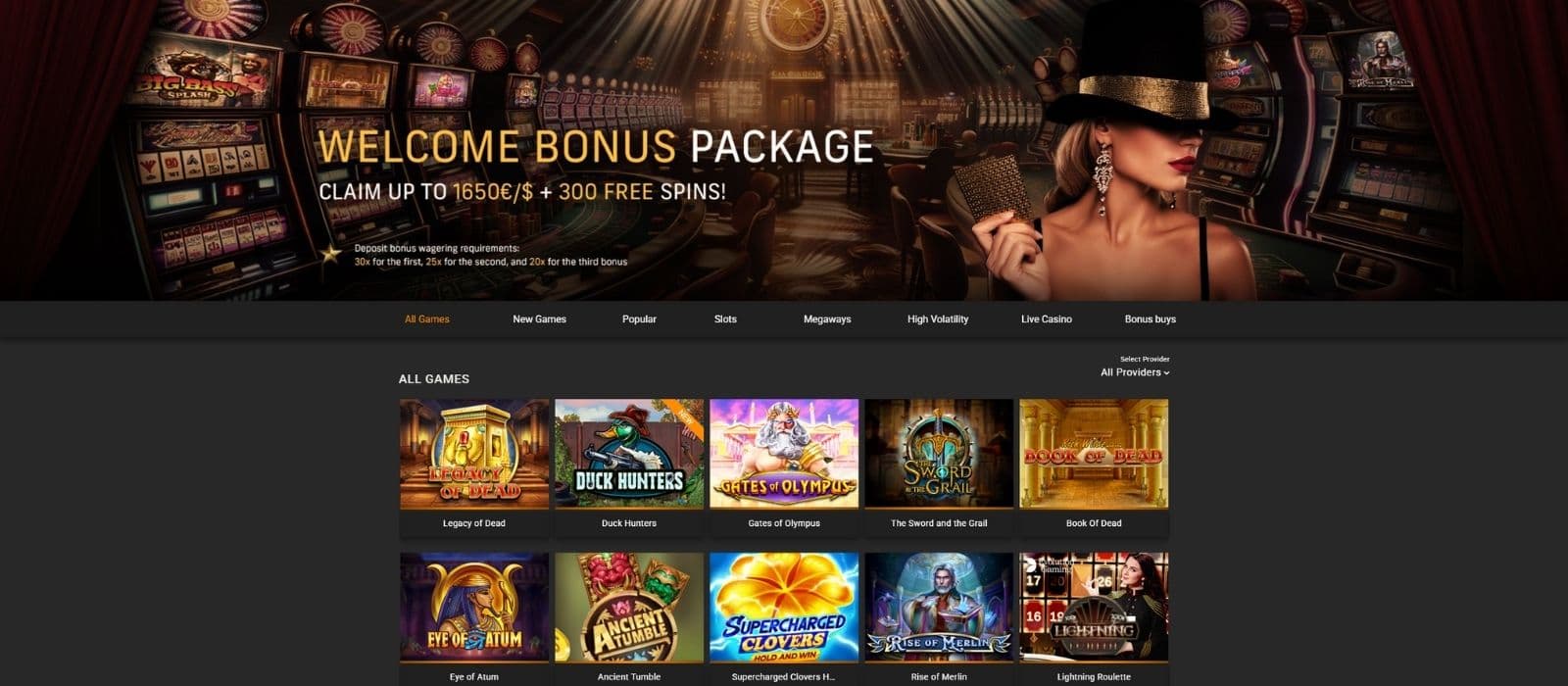 VegaDream Casino landing page showing a few selected slots and the casino welcome bonus banner. 