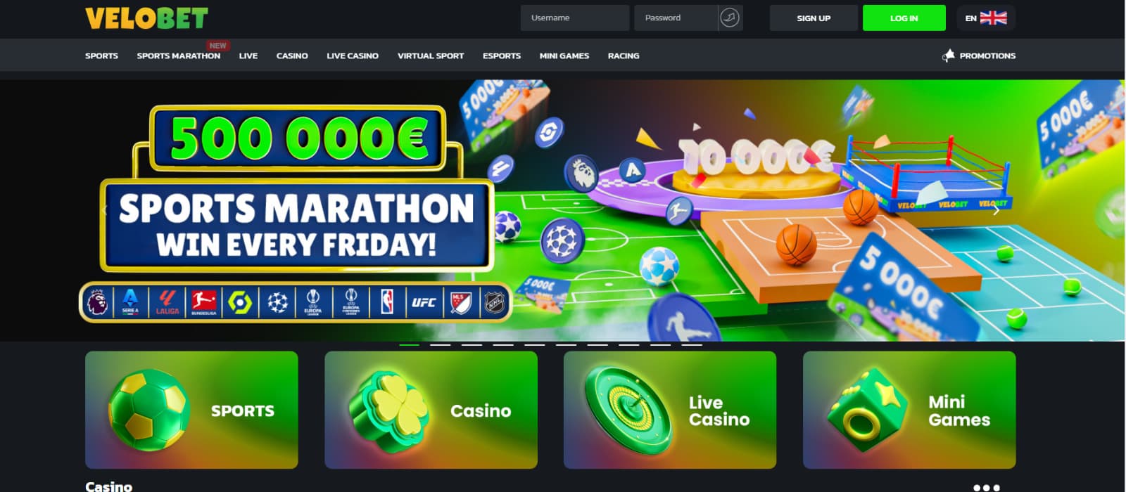 Velobet Casino home page with Friday Sports Marathon banner and game categories