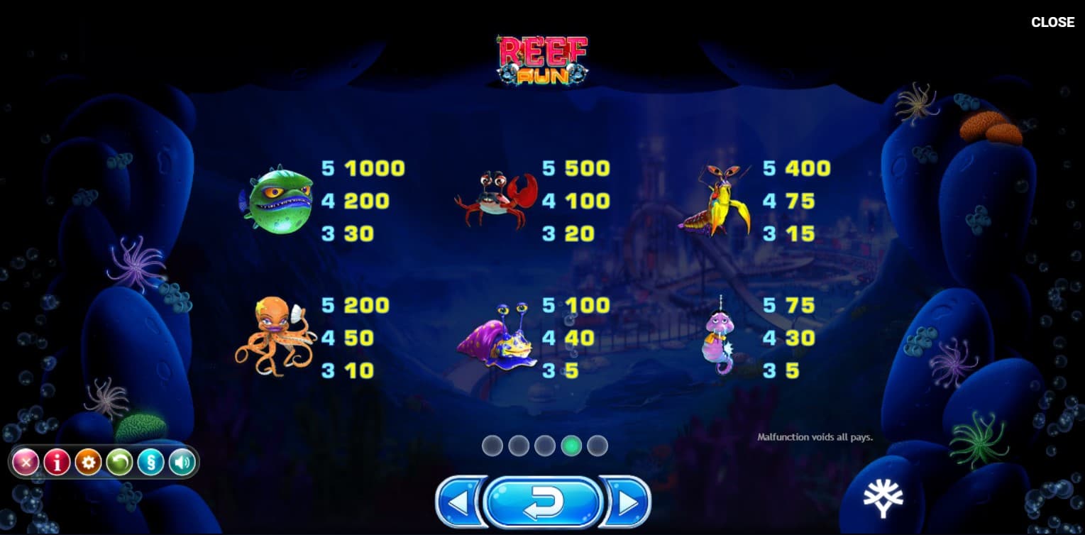 Reef Run Video Slot Paytable