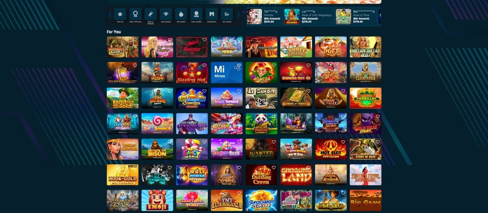 Wasino Casino games page with a selection of slot games and game categories