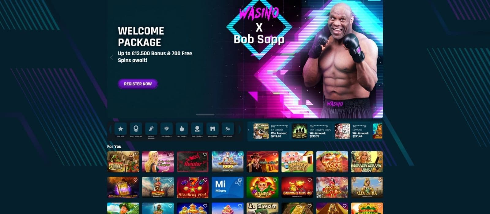 Wasino casino landing page with a selection of popular slots 