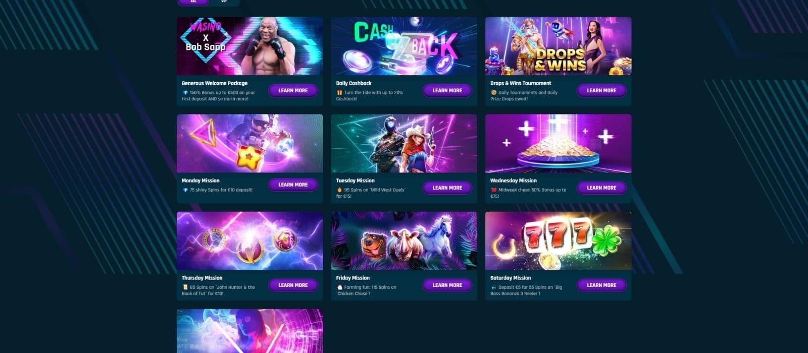 Wasino Casino promotions page with welcome bonuses and other casino promotions.