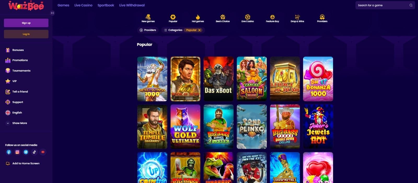 WazBee Casino games page with popular slots, game categories, and the main menu on the left side