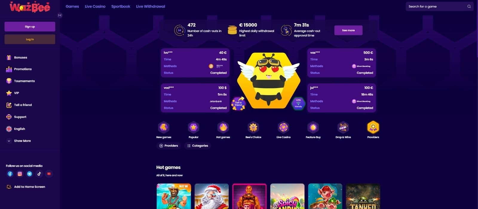 Wazbee casino landing page showing the latest winners, hot games, and the main menu on the left side. 