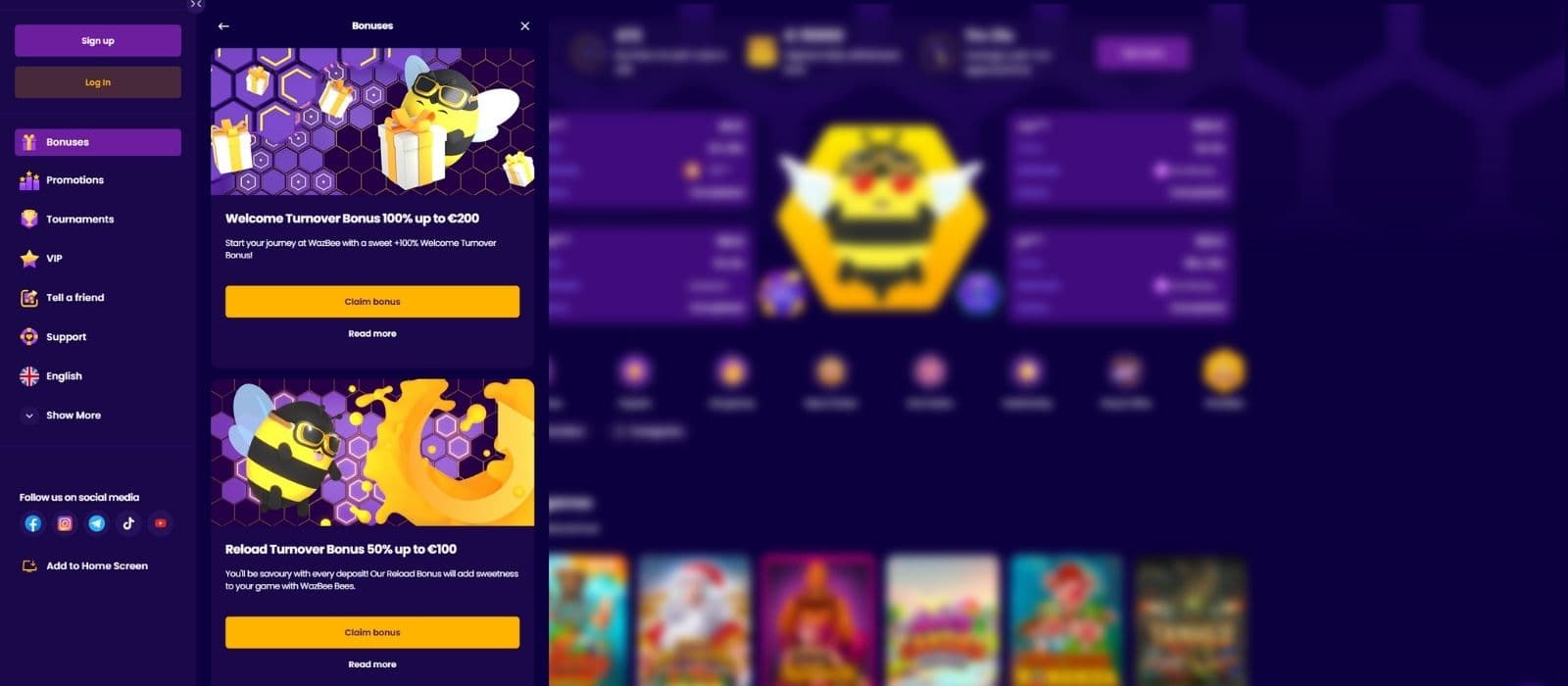 Wazbee Casino promotions page with the casino welcome bonus and rakeback offer visible. 