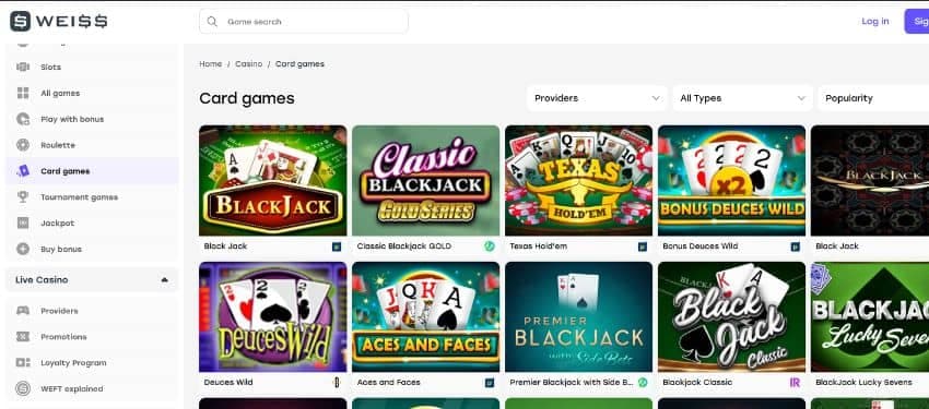 Weiss casino card games category showing animated thumbnails with titles of table games like Deuces Wild, blackjack and many more