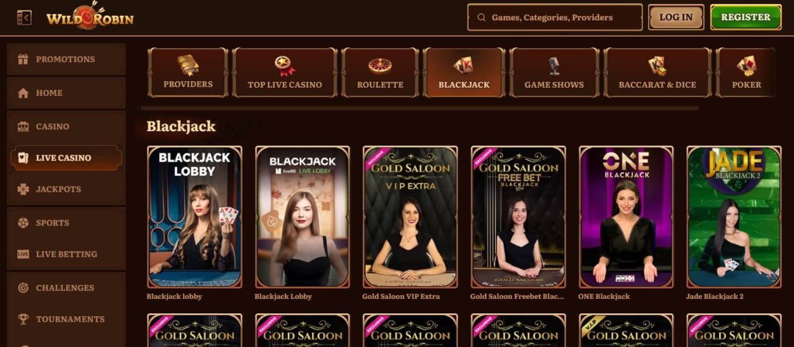 Wild Robin Casino's livr games category, showing variations of blackjack.