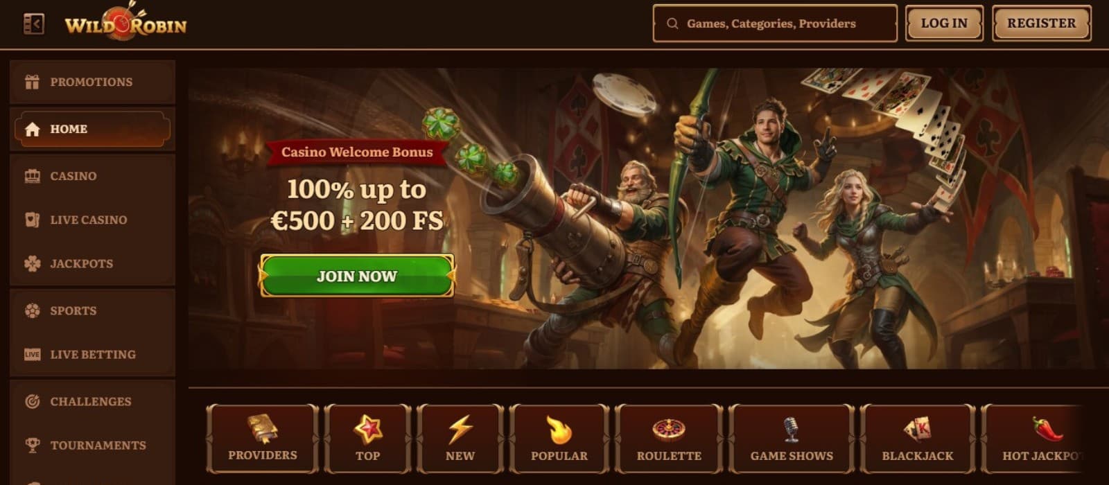 Wild Robin Casino's homepage, showing the welcome bonus, game avatars, and a sidebar menu.