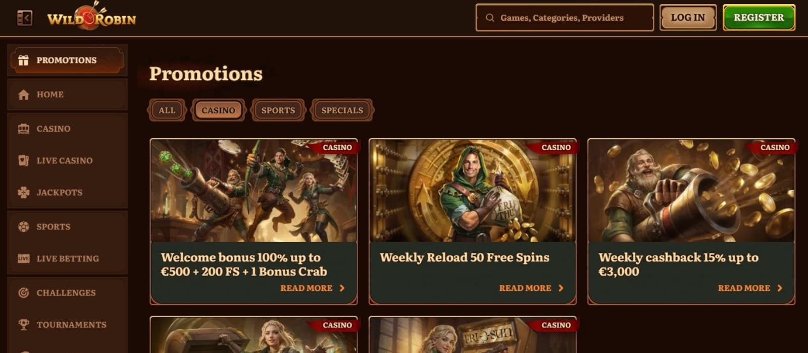 Wild Robin Casino's promotions page, showing the welcome bonus and weekly bonuses.